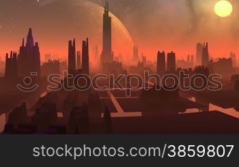 The fantastic (alien) city is shrouded in a fog. The huge planet flies in the night sky. Lighting of the city changes color.