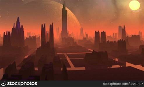 The fantastic (alien) city is shrouded in a fog. The huge planet flies in the night sky. Lighting of the city changes color.