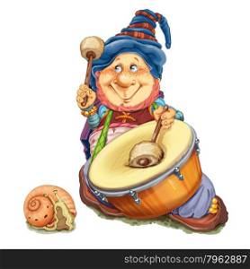 The fantastic elf and little snail execute march on a drum. Invitation card for a holiday or birthday. Raster illustration