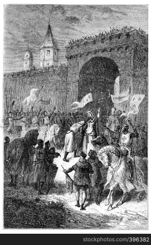 The farewell of St. Louis and Blanche of Castile, vintage engraved illustration.