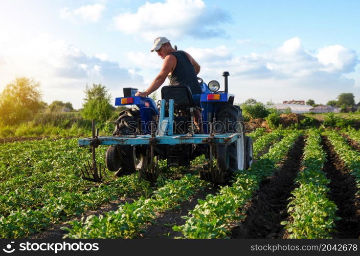 The farmer works in the field with a tractor. Agroindustry and agribusiness. Farming machinery. Plowing and loosening ground. Crop care, soil quality improvement. Farm field work cultivation.