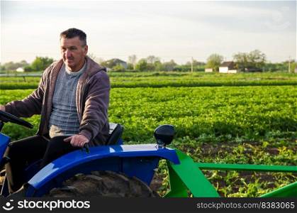 The farmer works in the field with a tractor. Harvesting crops campaign, earthworks. Agro industry, agribusiness. Countryside farmland. Farming, agriculture. Harvesting potatoes in early spring.