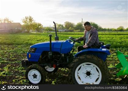 The farmer works in the field with a tractor. Harvesting potatoes. Harvest first potatoes in early spring. Farming and farmland. Agro industry and agribusiness. Support for farms
