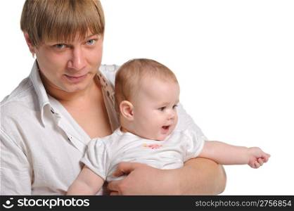The father and the daughter. The child age of 8 months. It is isolated on a white background