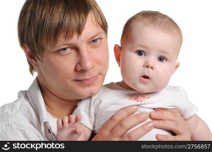 The father and the daughter. The child age of 8 months. It is isolated on a white background