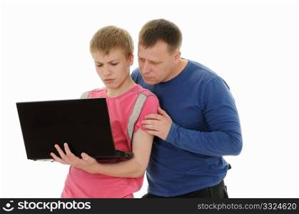 The father and the son look in laptop isolated on white background