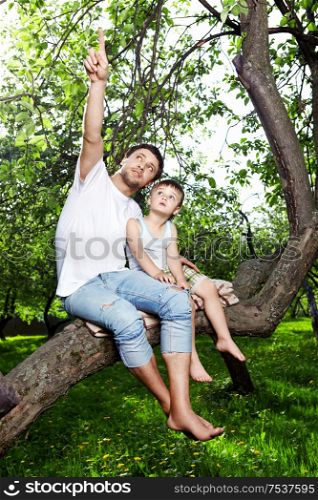 The father shows something to the son sitting on a tree