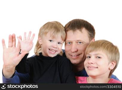 The father with two sons isolated on white background