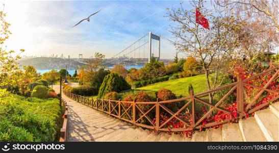 The Fatih Sultan Mehmet Bridge, beautiful autumn park panorama, Istanbul.. The Fatih Sultan Mehmet Bridge, beautiful autumn park panorama, Istanbul