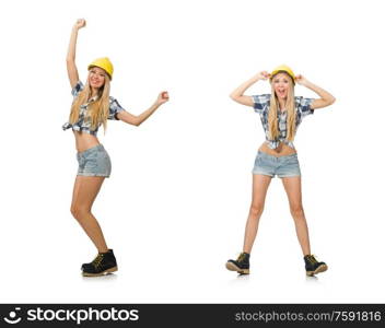 The female construction worker isolated on white. female construction worker isolated on white