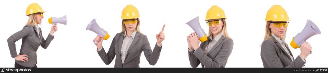 The female engineer in helmet with loudspeaker isolated on white. Female engineer in helmet with loudspeaker isolated on white