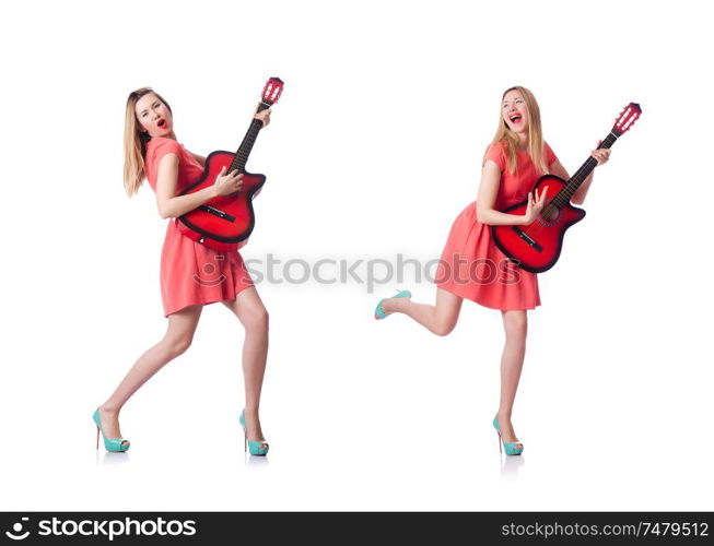 The female guitar player isolated on white. Female guitar player isolated on white