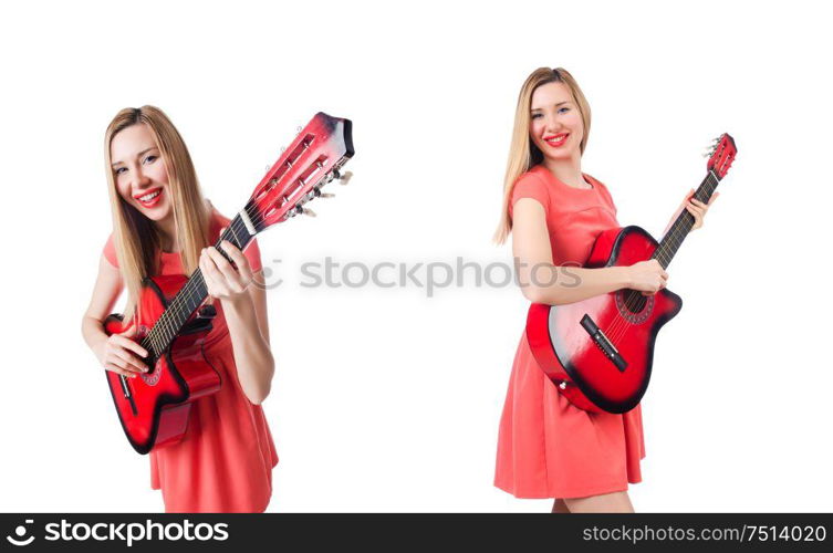 The female guitar player isolated on white. Female guitar player isolated on white