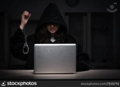 The female hacker hacking security firewall late in office. Female hacker hacking security firewall late in office