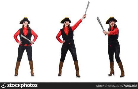 The female pirate holding sword isolated on white. Female pirate holding sword isolated on white