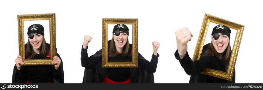 The female pirate in black coat holding photo frame isolated on whit. Female pirate in black coat holding photo frame isolated on whit