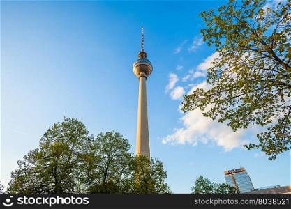 The Fernsehturm (TV Tower) seen at Berlin&rsquo;s Alexanderplatz from below