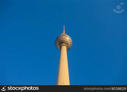 The Fernsehturm (TV Tower) seen at Berlin&rsquo;s Alexanderplatz from below