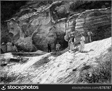 The field of discovery of the remains of bones of the diluvian man near Krapina in Croatia, vintage engraved illustration. From the Universe and Humanity, 1910.