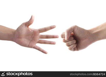 The fighting of two hand with rock and paper symbol