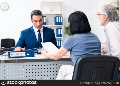 The financial advisor giving retirement advice to old couple. Financial advisor giving retirement advice to old couple