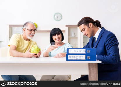 The financial advisor giving retirement advice to old couple. Financial advisor giving retirement advice to old couple