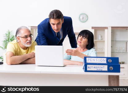 The financial advisor giving retirement advice to old couple. Financial advisor giving retirement advice to old couple