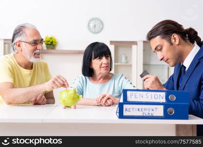 The financial advisor giving retirement advice to old couple. Financial advisor giving retirement advice to old couple