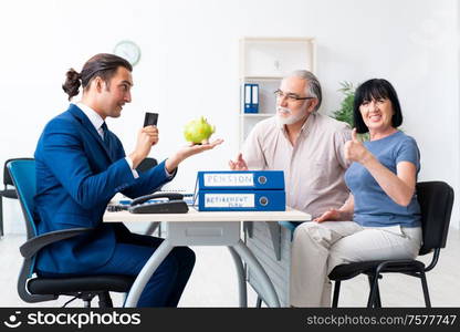 The financial advisor giving retirement advice to old couple. Financial advisor giving retirement advice to old couple