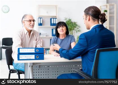 The financial advisor giving retirement advice to old couple. Financial advisor giving retirement advice to old couple