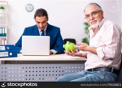 The financial advisor giving retirement advice to old man. Financial advisor giving retirement advice to old man