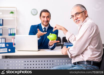 The financial advisor giving retirement advice to old man. Financial advisor giving retirement advice to old man