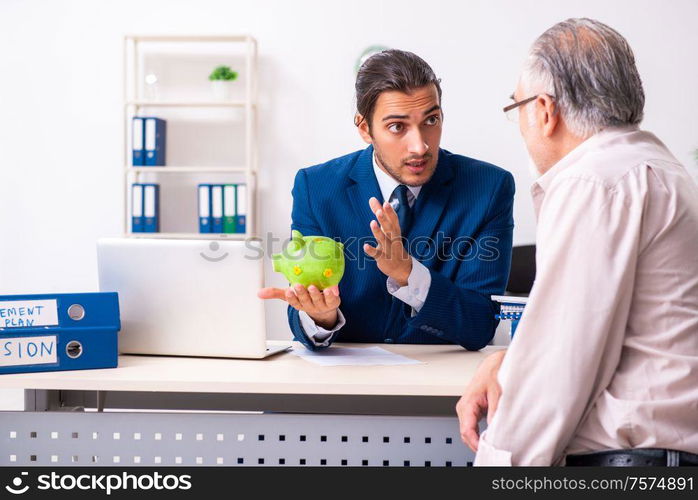 The financial advisor giving retirement advice to old man. Financial advisor giving retirement advice to old man