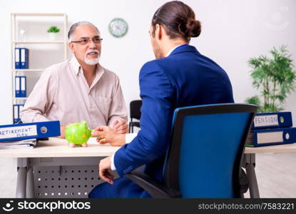 The financial advisor giving retirement advice to old man. Financial advisor giving retirement advice to old man