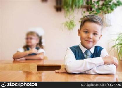 The first time in first class. Happy schoolboy at school desk. Begining of learning.