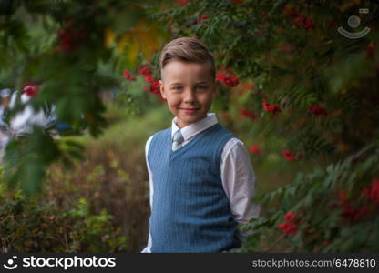 The first time in first class. The first time in first class: happy schoolboy at school background