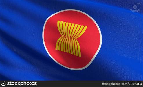 The flag of Asean or AEC. The Association of Southeast Asian Nations on blue background. Symbol of nations. 3D rendering illustration of waving sign symbol.