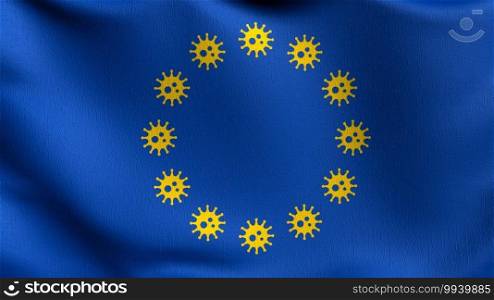 The flag of Europe with Corona Virus2019-nCoV or Covid 19 sign. The European Union or EU on blue background. Symbol of nations. 3D rendering illustration of waving sign.