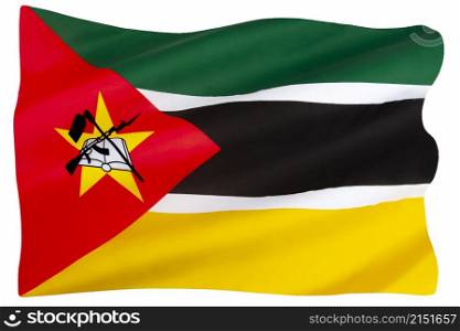 The flag of Mozambique was adopted on 1 May 1983. It includes the image of a Kalashnikov rifle with a bayonet attached to the barrel crossed by a hoe, superimposed on an open book. It is one of four national flags among UN member states that feature a firearm, along with those of Guatemala, Haiti and Bolivia, but is the only one of the four to feature a modern firearm instead of cannons or muskets.