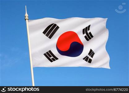 The flag of South Korea, or Taegeukgi has three parts - a white background, a red and blue taegeuk (also known as Taiji and Yinyang) in the center, and four black trigrams, one in each corner of the flag.