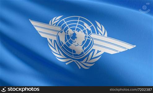 The flag of The International Civil Aviation Organization or ICAO, a specialized agency of the United Nations. 3D rendering illustration of waving sign symbol.