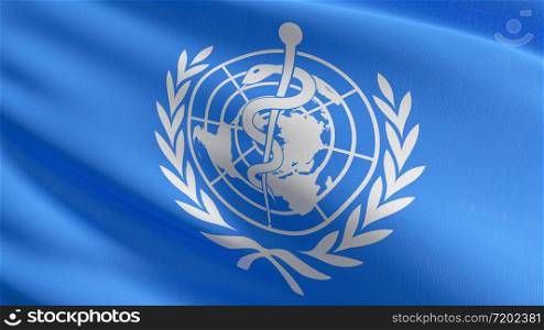 The flag of World Health Organization or WHO blowing in the wind isolated. Agency of the United Nations responsible for international public health. 3D rendering illustration of waving sign symbol.