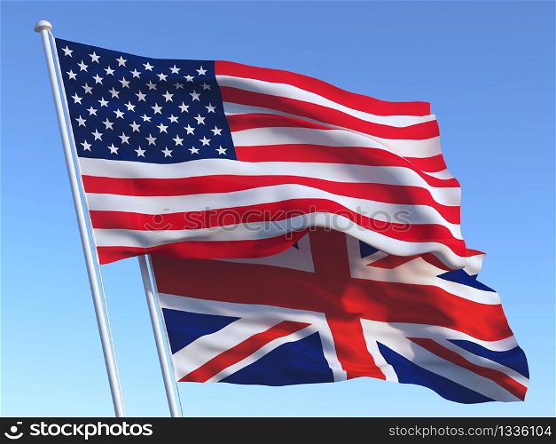 The flags of the United States of America and the United Kingdom on clear blue sky. High-quality 3d illustration