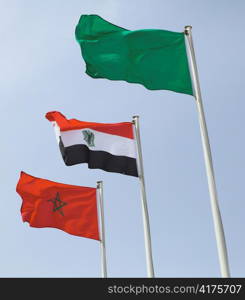 The flags of three North African Arab states flying beside each other during an international event in Doha, Qatar. From right, the Green Flag of Gadaffi&acute;s Libya, the Egyptian flag and the Moroccan flag.