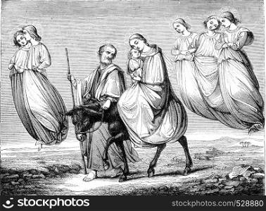 The Flight into Egypt, vintage engraved illustration. Magasin Pittoresque 1847.