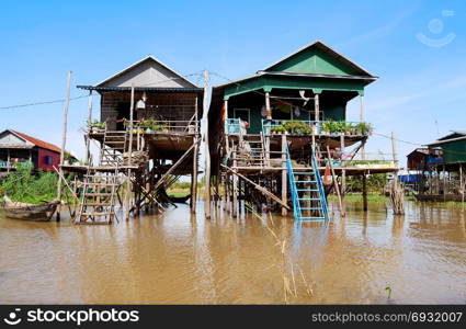 The floating village on the water (komprongpok) of Tonle Sap lake. Cambodia.