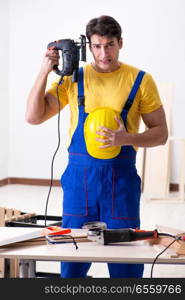 The floor repairman disappointed with his work . Floor repairman disappointed with his work