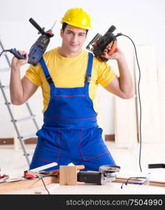 The floor repairman disappointed with his work. Floor repairman disappointed with his work