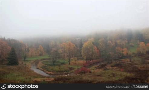The fog is coming on forest with curving river. Time lapse. Toila, Estonia.
