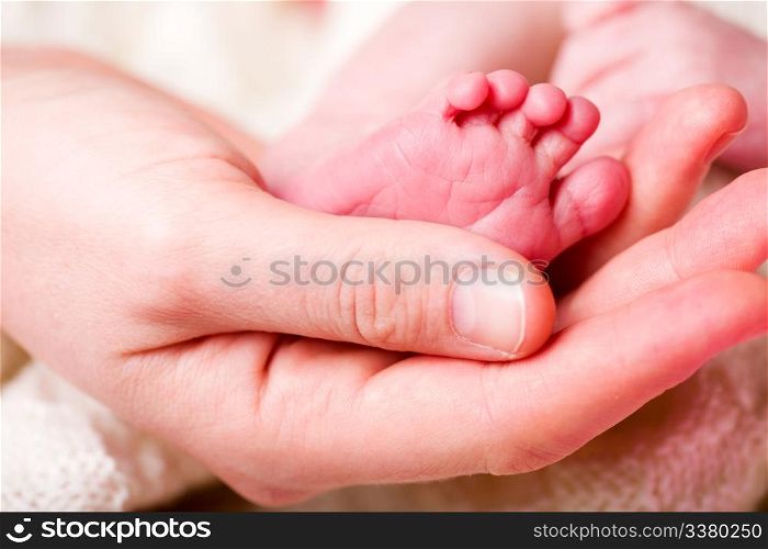 The foot of a newborn baby in the hand of a mother